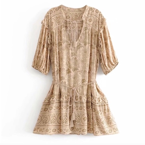 SOLD OUT Khaki Autumn Winds Boho Floral Mini Ruffle Dress - Picture 4 of 5
